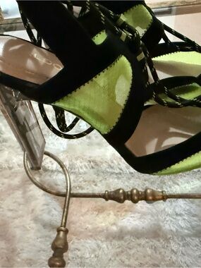 Aldo Black and Neon Green Lace-Up Stiletto Sandals